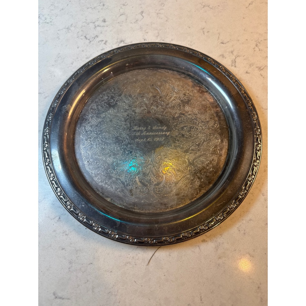 Vintage Silver Plated Etched‎ Round Tray Rose Border 25th Anniversary 1982 12in